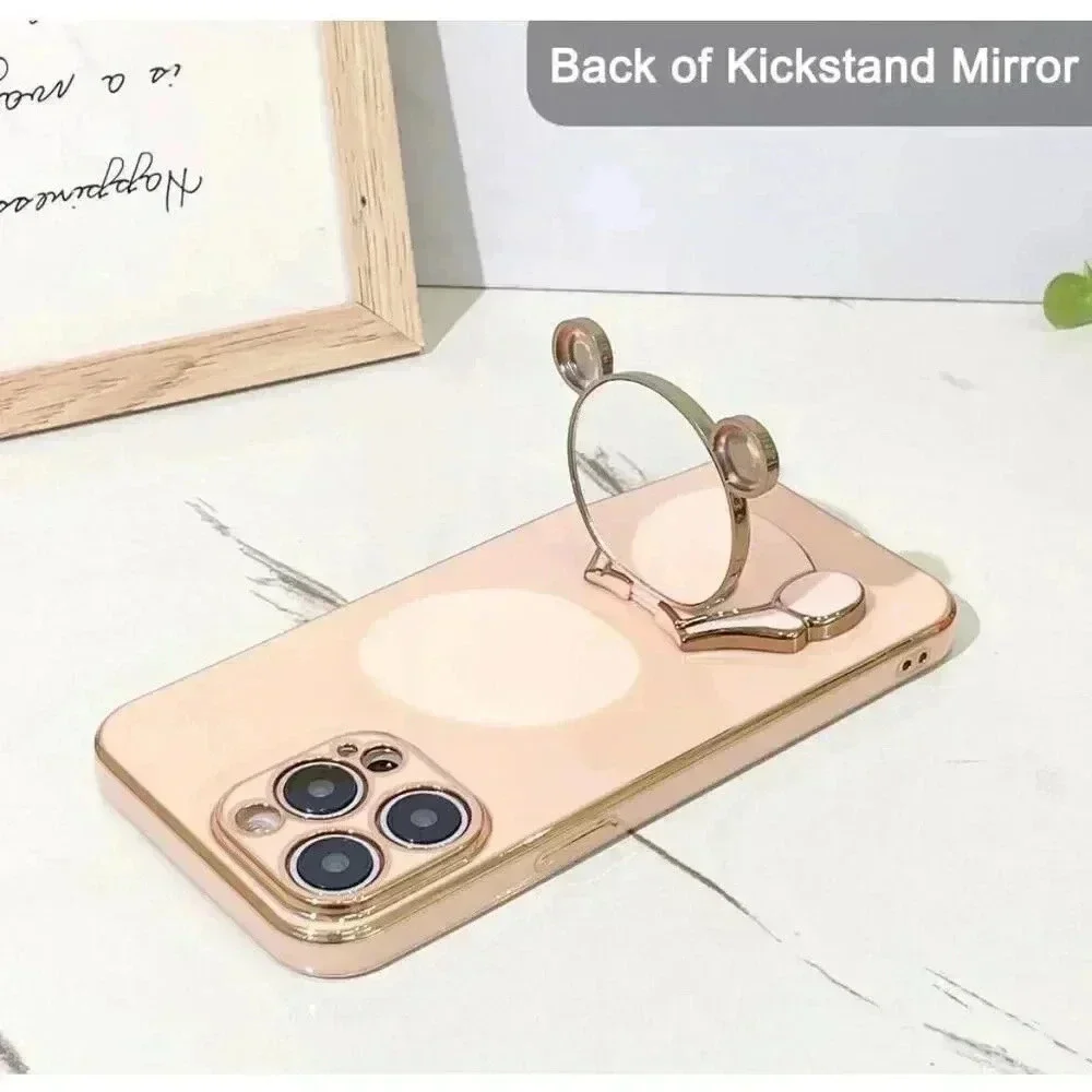 Glitter Bear Kickstand‎ W/Mirror Case For iPhone 15 Pro 6.1” Pink Gold Trim